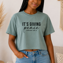 Load image into Gallery viewer, “It’s Giving Peace” | Isaiah 26:3 Women's Crop Top | Black Font