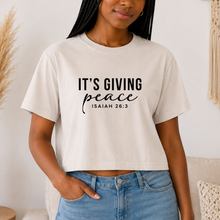 Load image into Gallery viewer, “It’s Giving Peace” | Isaiah 26:3 Women's Crop Top | Black Font