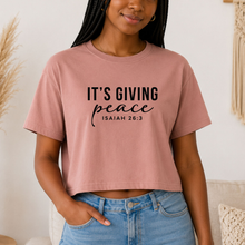 Load image into Gallery viewer, “It’s Giving Peace” | Isaiah 26:3 Women's Crop Top | Black Font