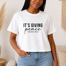 Load image into Gallery viewer, “It’s Giving Peace” | Isaiah 26:3 Women's Crop Top | Black Font

